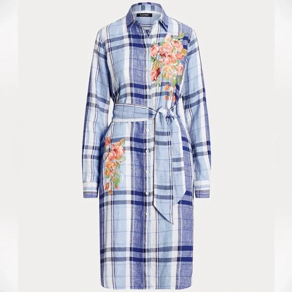 New Ralph Lauren Floral & Plaid Lightweight Linen Button Down Shirtdress Midi - Picture 4 of 15